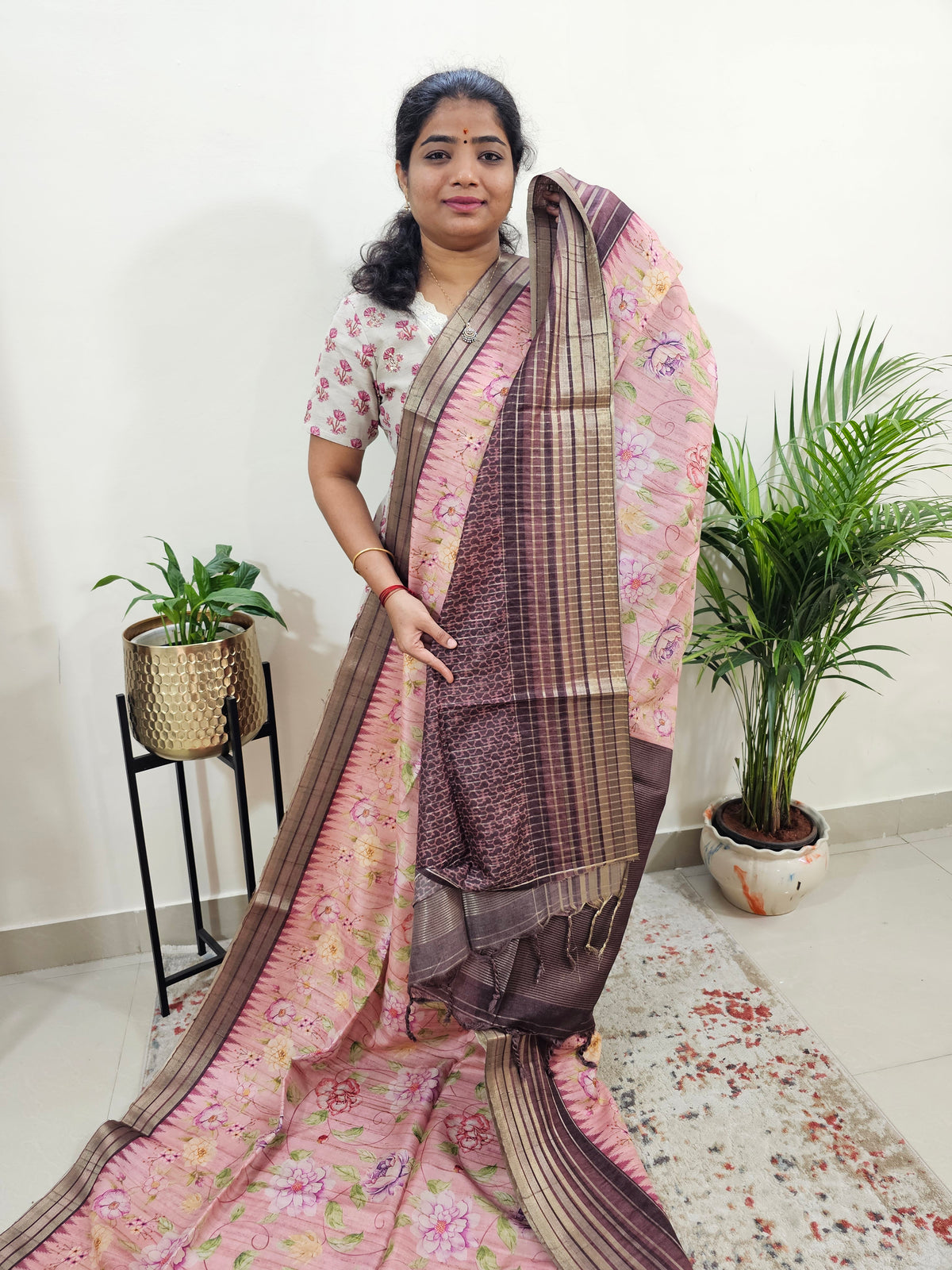 Semi Tussar with Digital Printed Saree - Peach with Brown