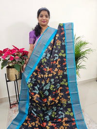 Pure Tussar Silk Saree with Zari Border - Black with Blue