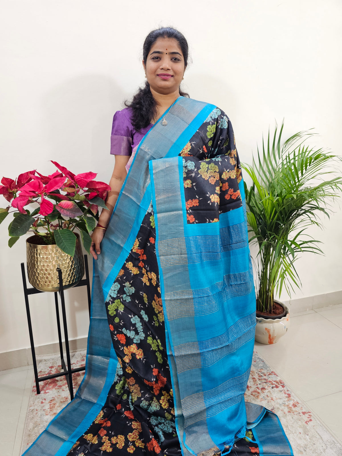 Pure Tussar Silk Saree with Zari Border - Black with Blue