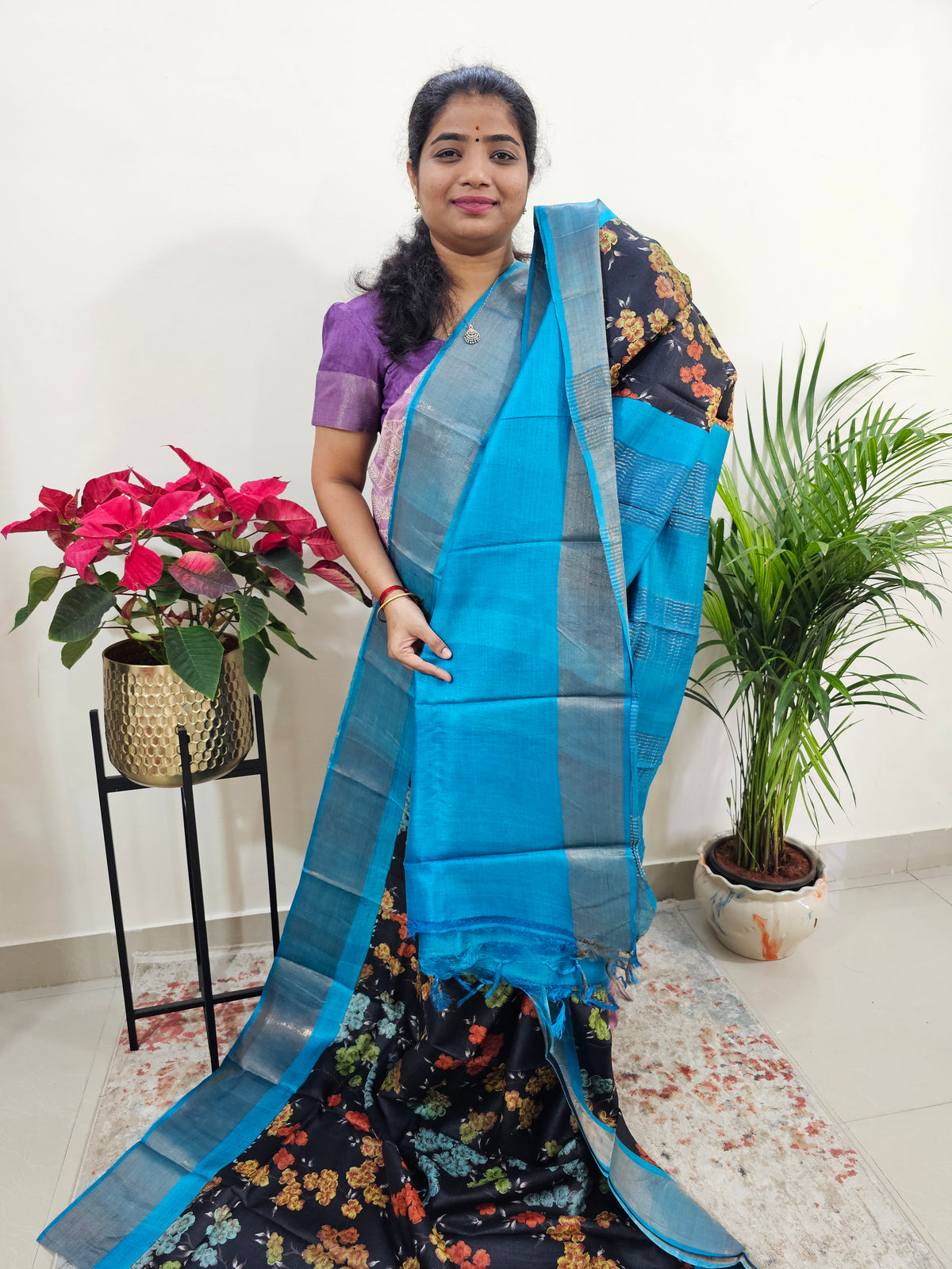 Pure Tussar Silk Saree with Zari Border - Black with Blue
