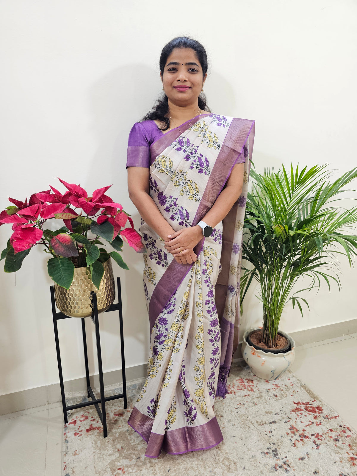 Soft Semi Tussar Digital Prints with Contrast Border - Purple