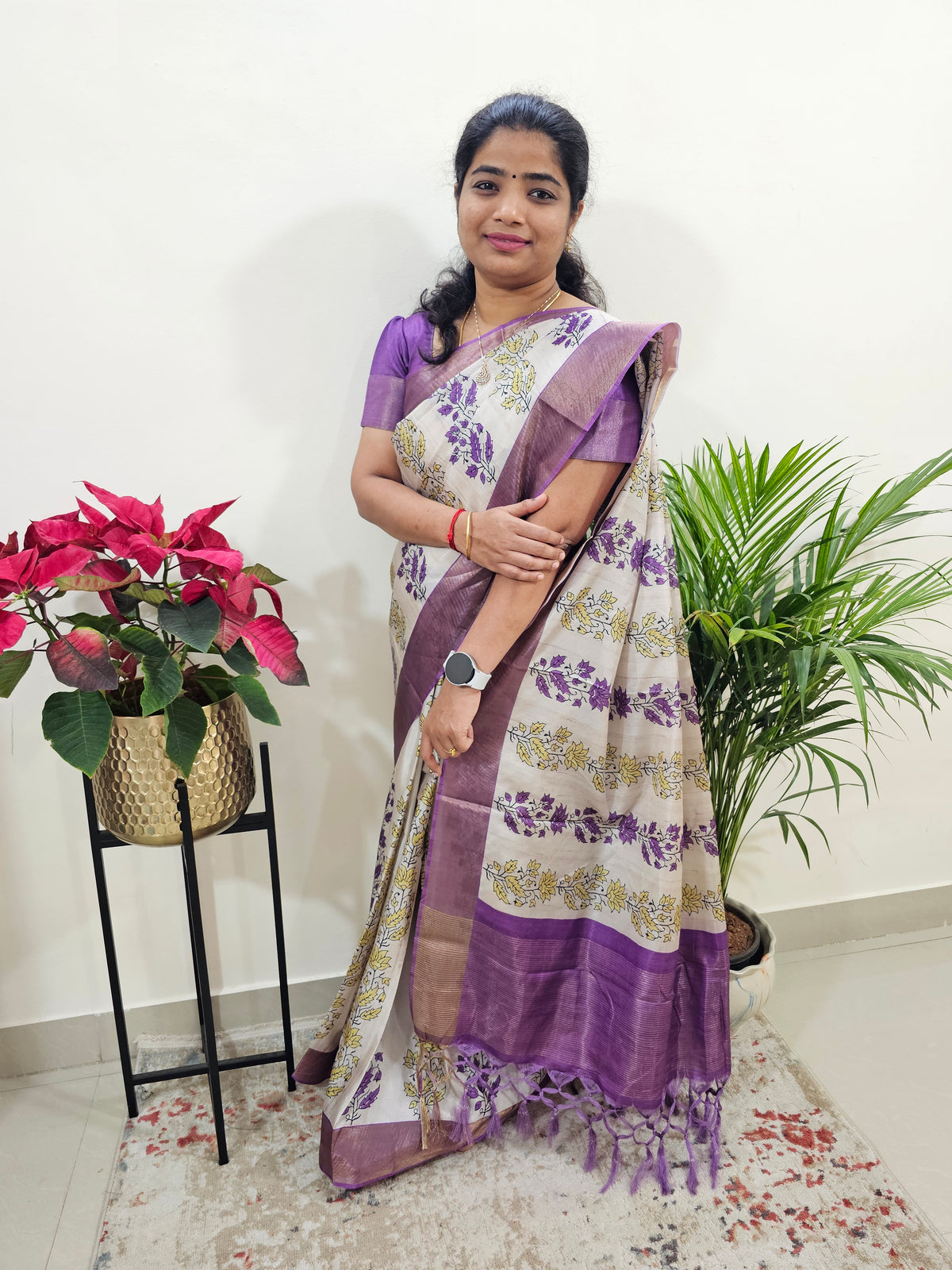 Soft Semi Tussar Digital Prints with Contrast Border - Purple