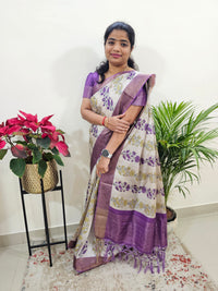 Soft Semi Tussar Digital Prints with Contrast Border - Purple