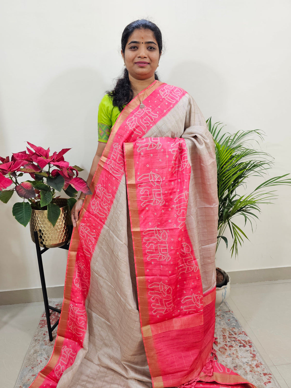 Soft Semi Tussar Digital Prints with Contrast Border - Pink