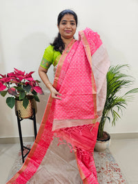 Soft Semi Tussar Digital Prints with Contrast Border - Pink