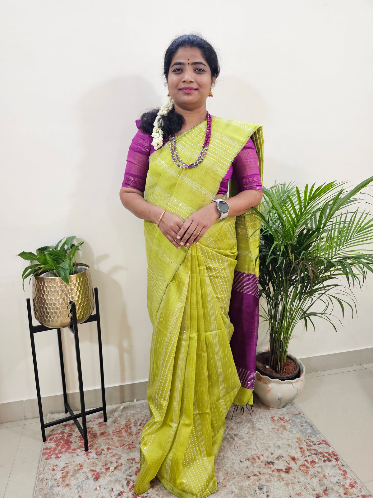 Semi Raw Silk Saree -Lime Green with Magenta Pink