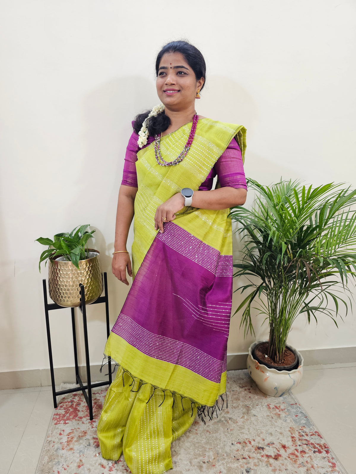 Semi Raw Silk Saree -Lime Green with Magenta Pink