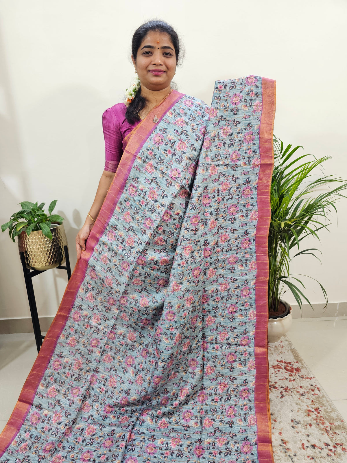 Tussar by Cotton Kalamkari- Grey with Pink