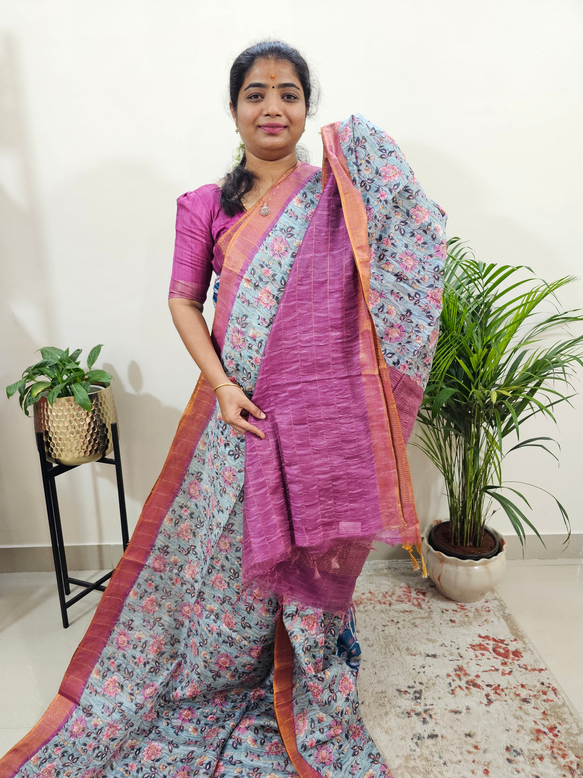 Tussar by Cotton Kalamkari- Grey with Pink