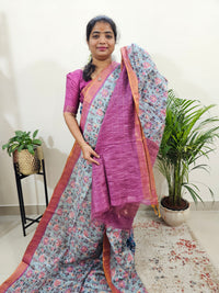 Tussar by Cotton Kalamkari- Grey with Pink