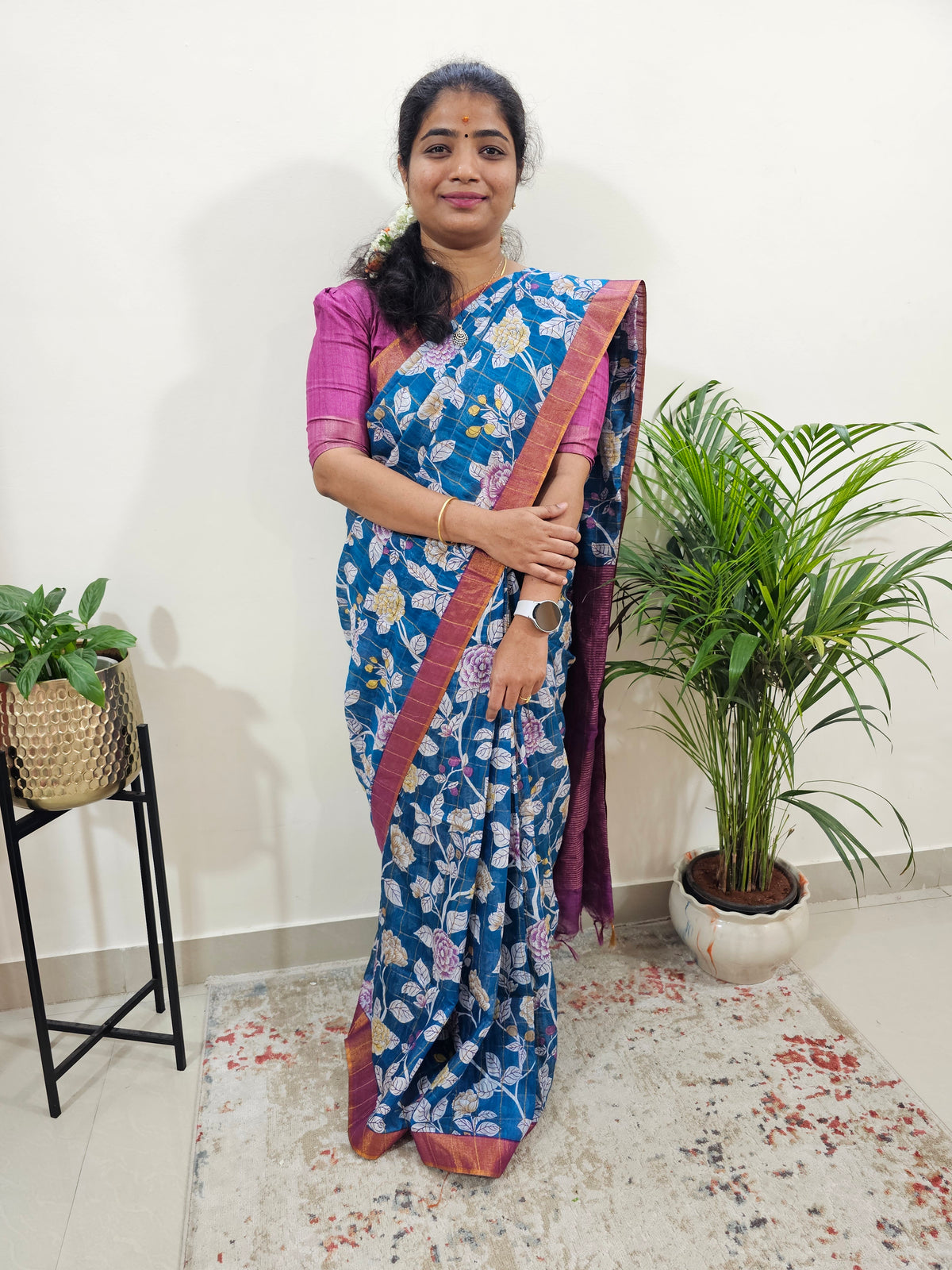 Tussar by Cotton Kalamkari - Peacock Blue with Magenta Pink