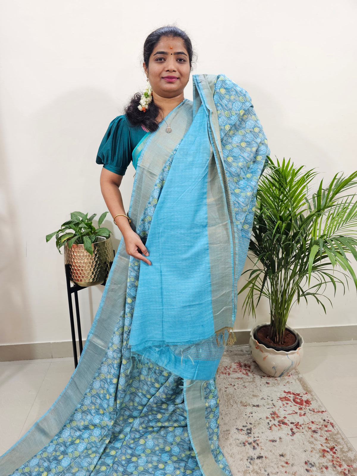 Tussar by Cotton Kalamkari - Blue