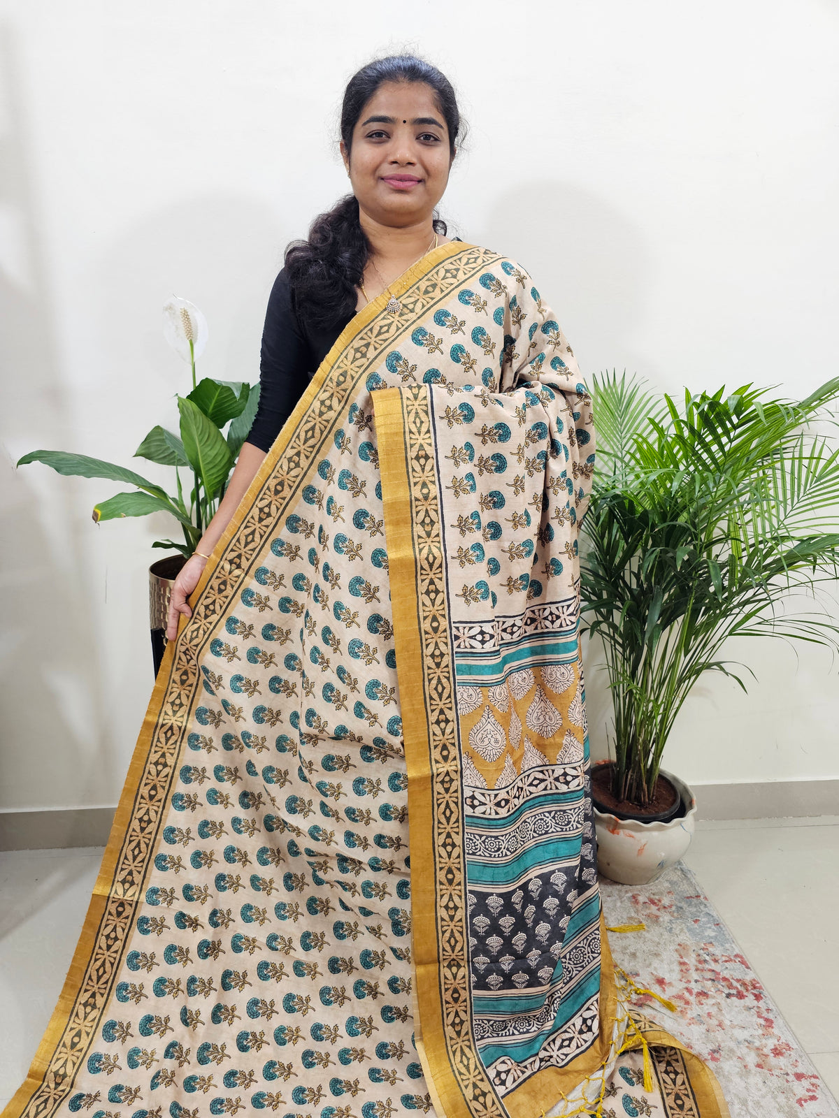 Soft Semi Tussar Digital Prints with Tissue Border - Cream with Yellow