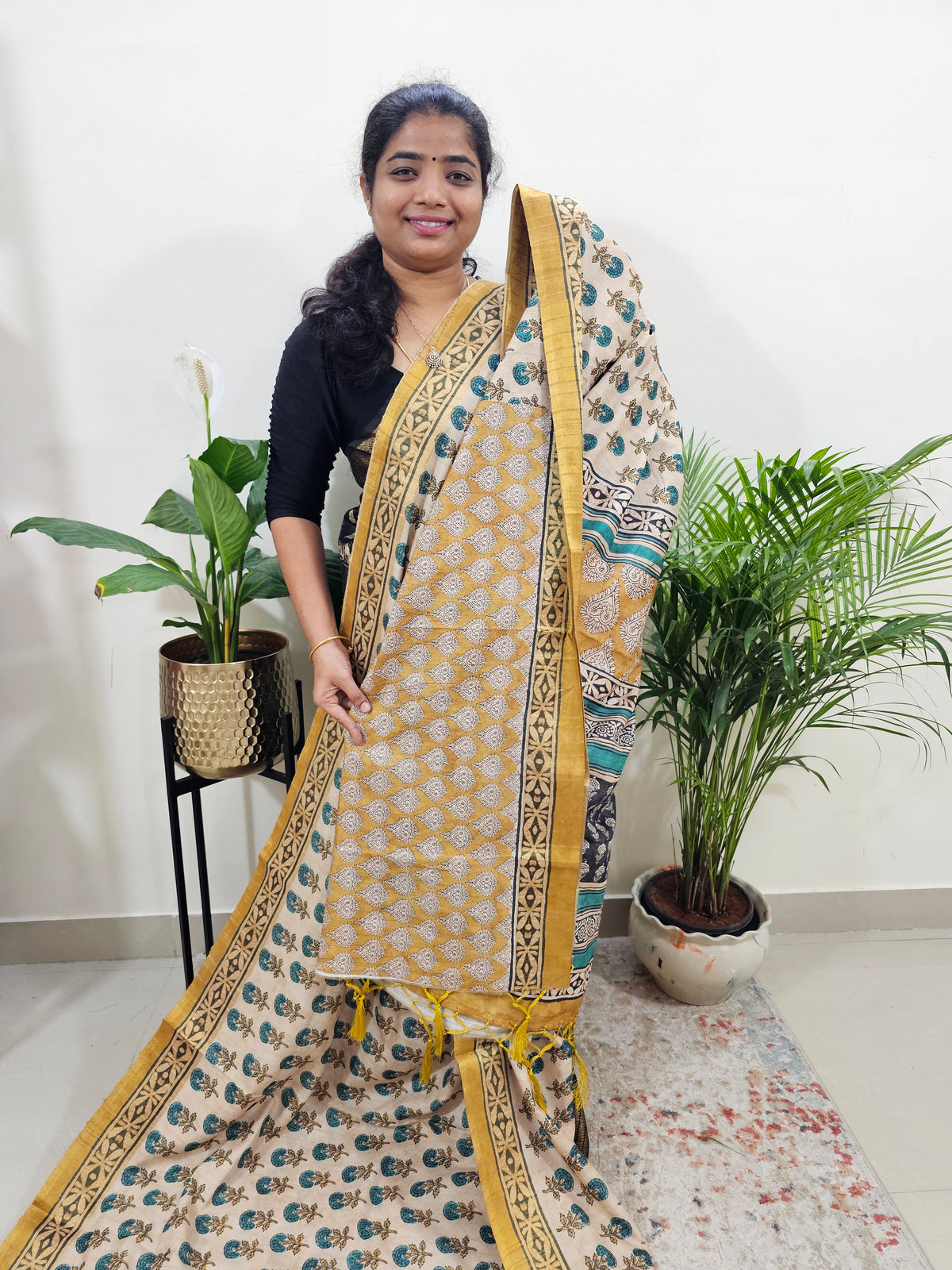 Soft Semi Tussar Digital Prints with Tissue Border - Cream with Yellow