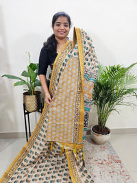 Soft Semi Tussar Digital Prints with Tissue Border - Cream with Yellow