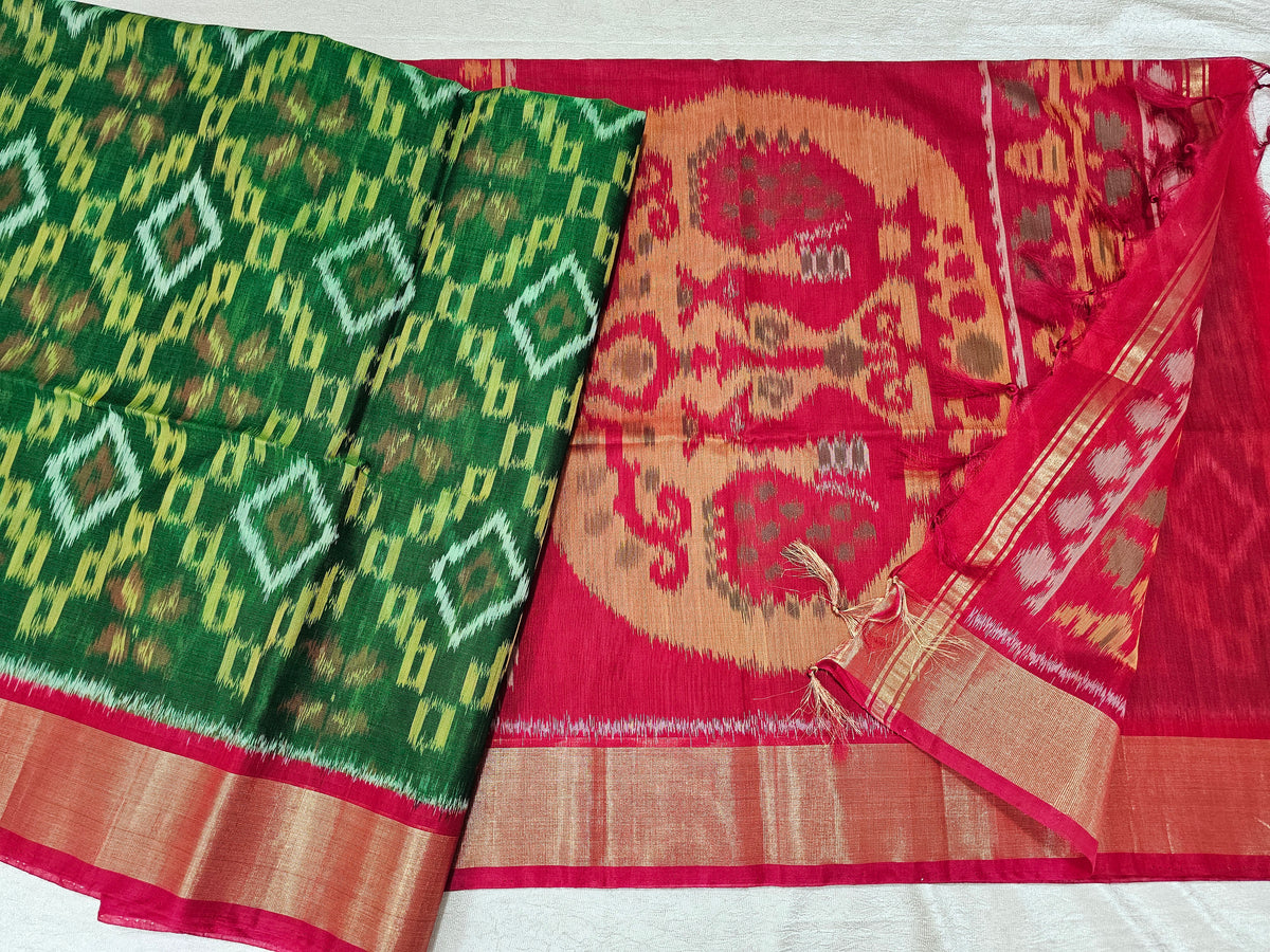 Green with Red Pochampally Ikkat Silk Cotton (SICO Pattu)