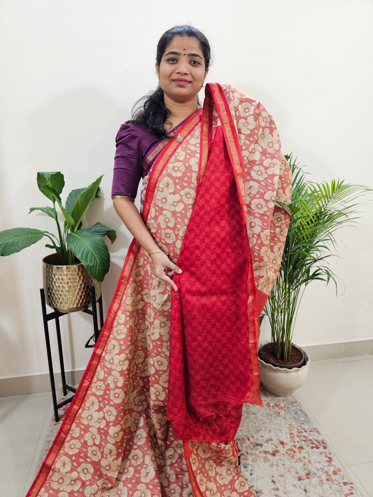 Tussar by Cotton Kalamkari- Red