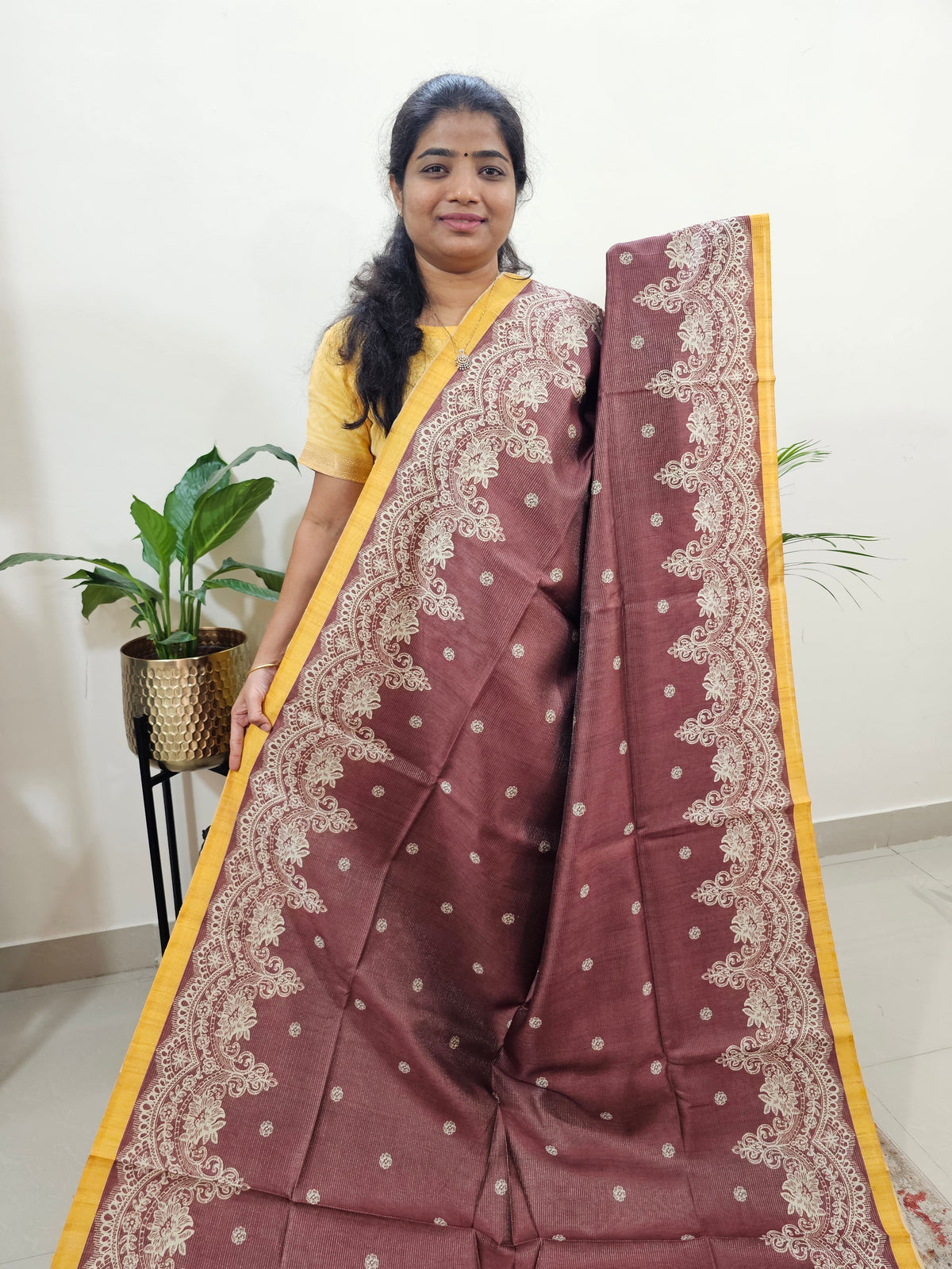 Semi Tussar with Striped Zari Weaving Saree - Maroon with Yellow