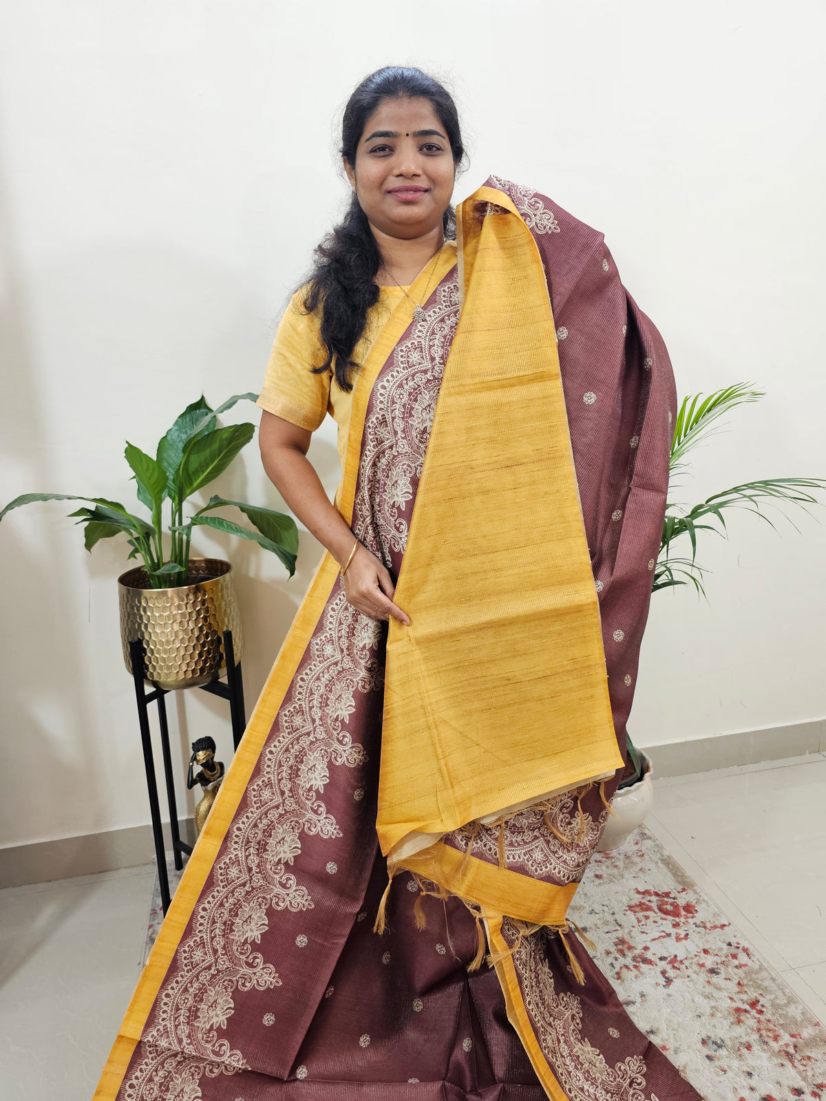 Semi Tussar with Striped Zari Weaving Saree - Maroon with Yellow