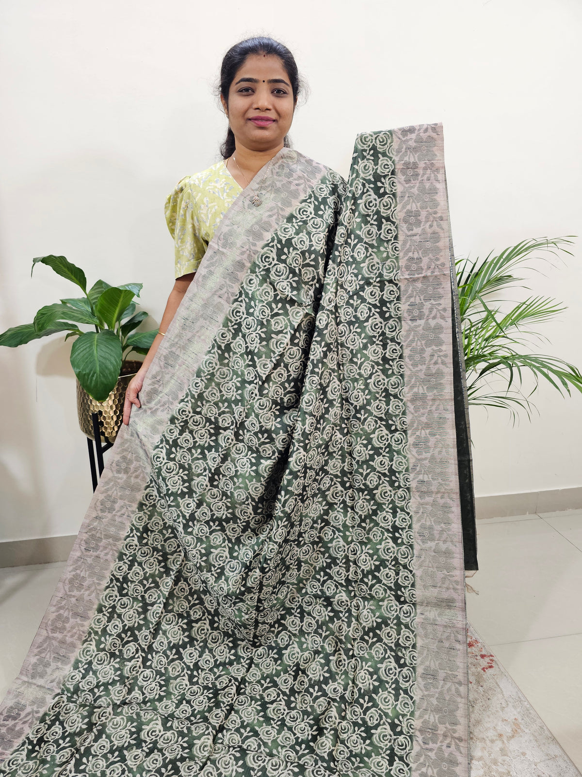 Semi Tussar with Digital Printed Saree - Green
