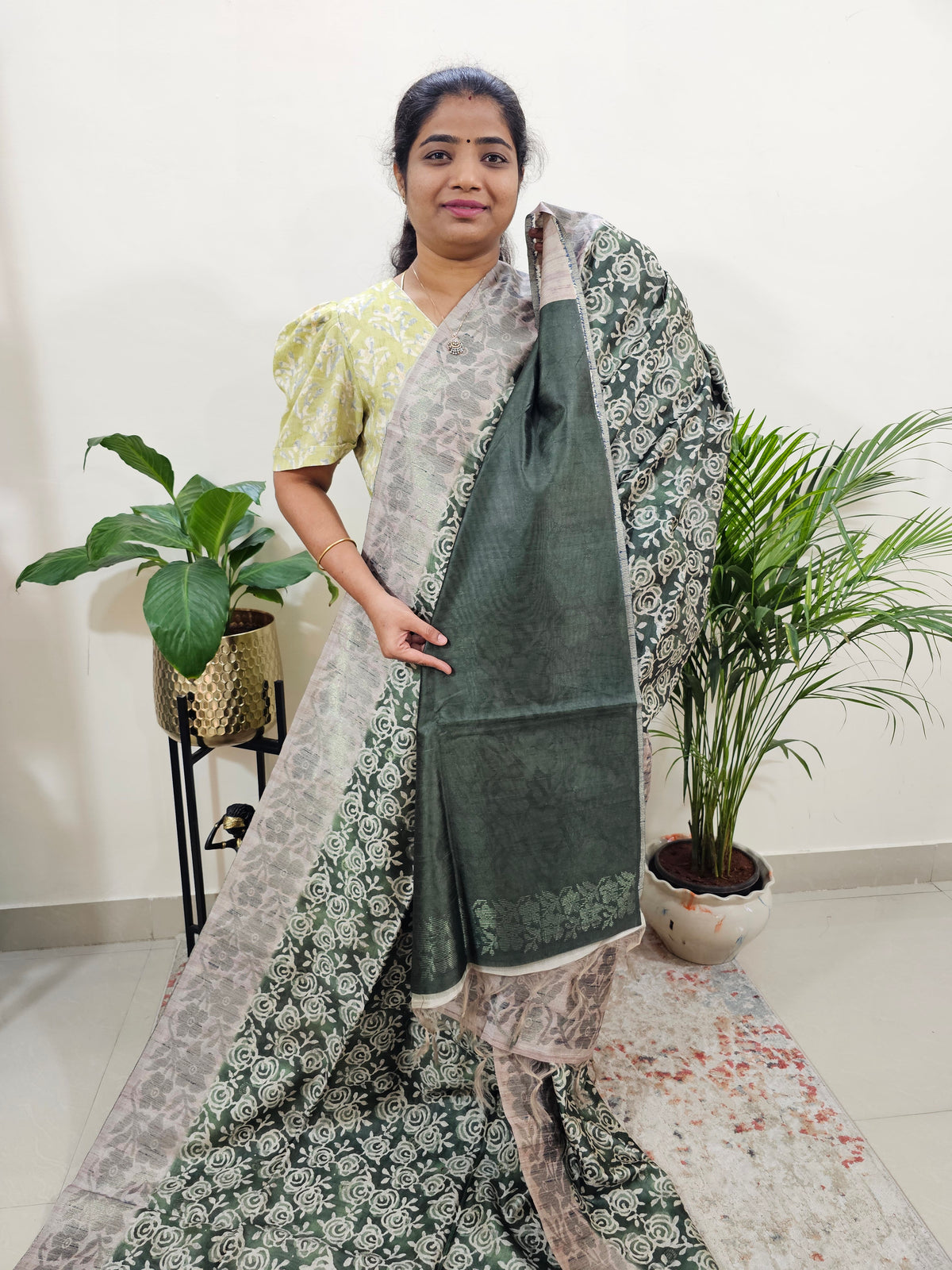 Semi Tussar with Digital Printed Saree - Green