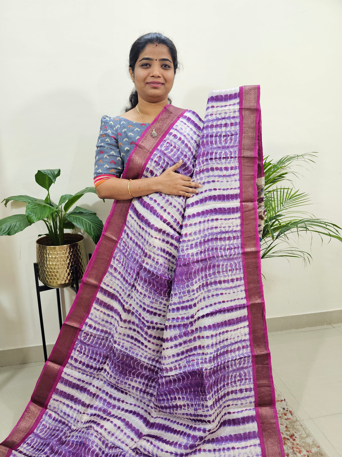 Pure Tussar Silk Saree with Kanchi Border - Violet with Magenta Pink