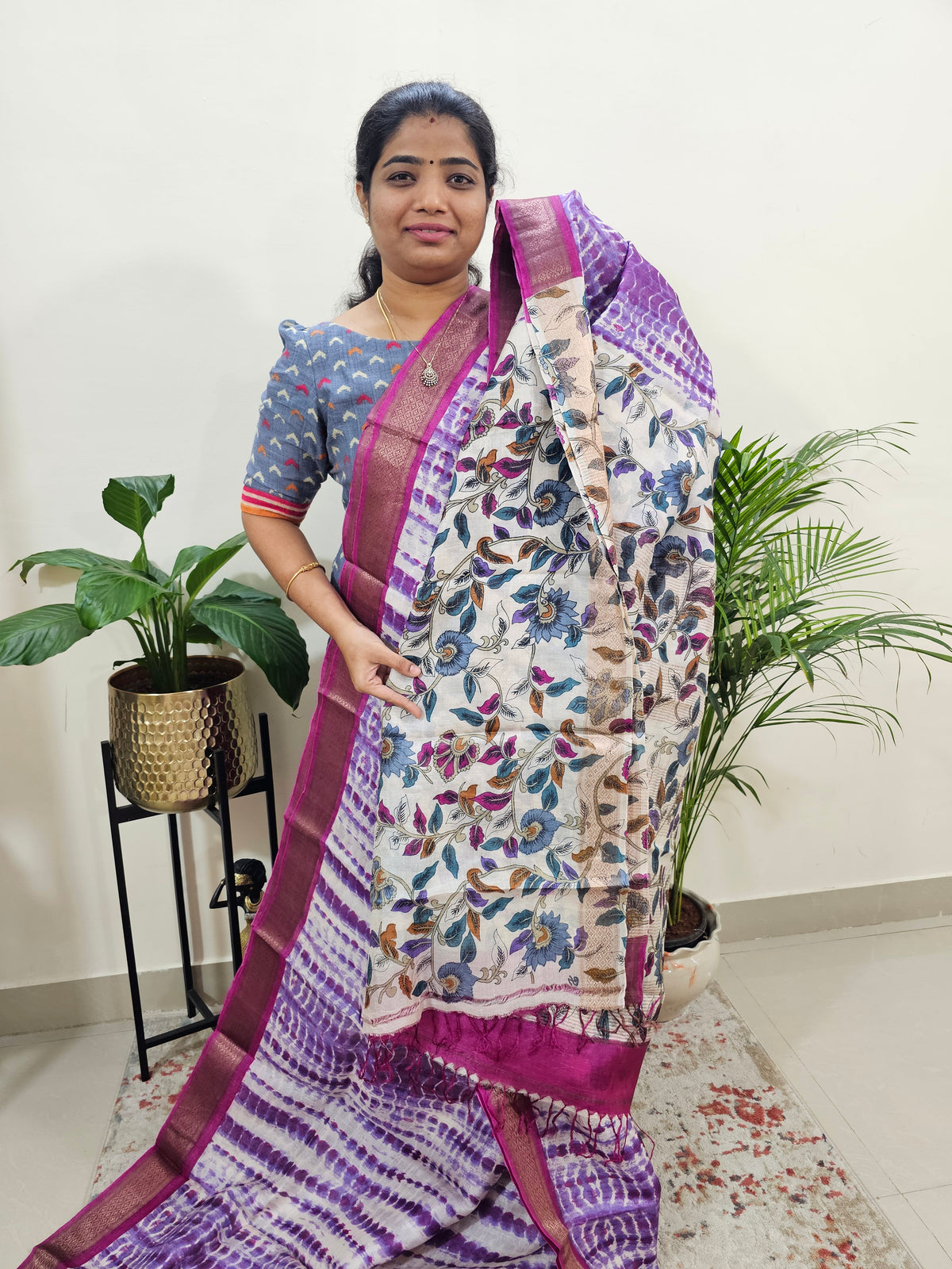 Pure Tussar Silk Saree with Kanchi Border - Violet with Magenta Pink
