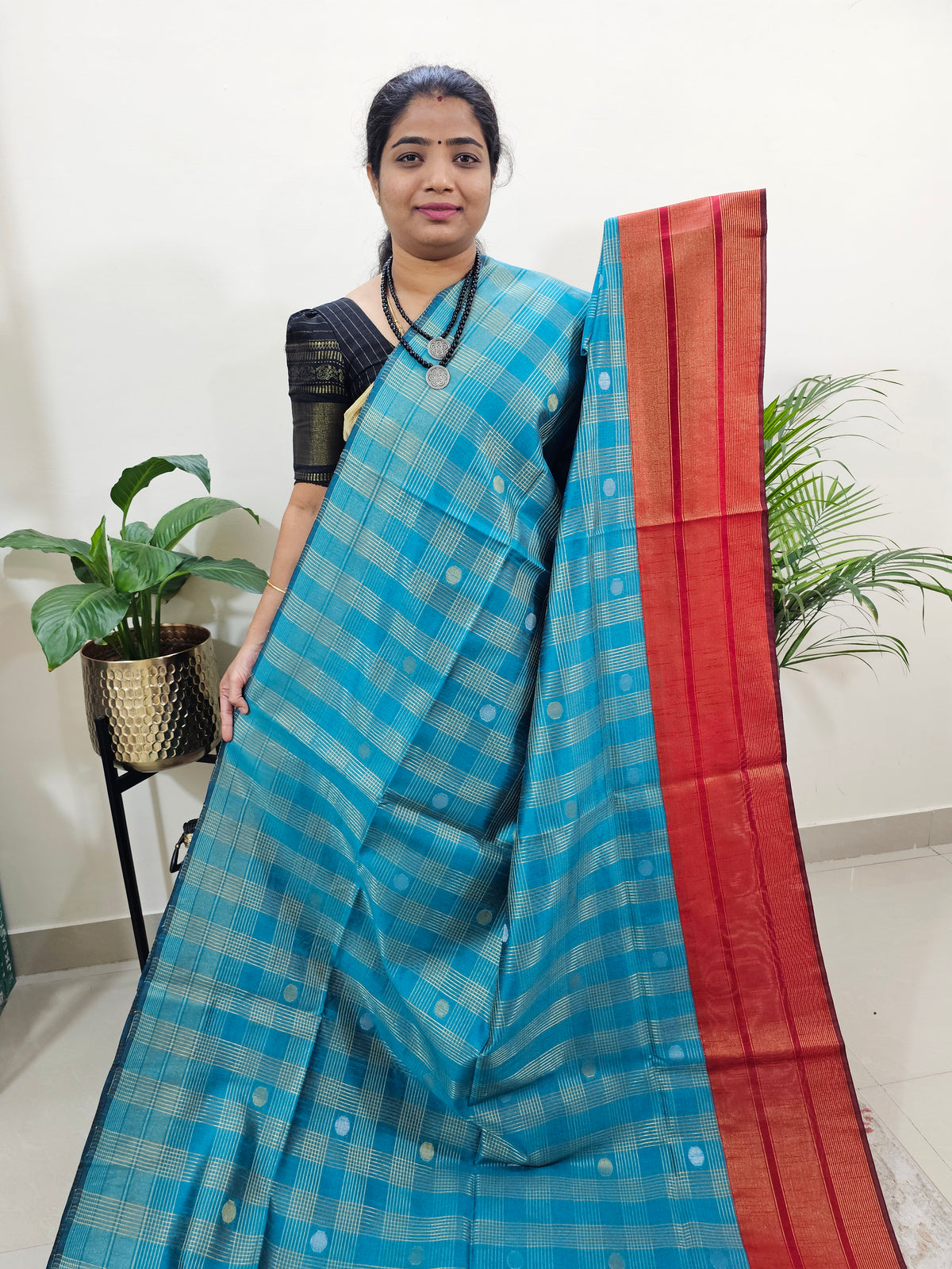 Semi Raw Silk Saree - Peacock Blue with Red