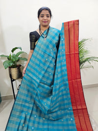 Semi Raw Silk Saree - Peacock Blue with Red