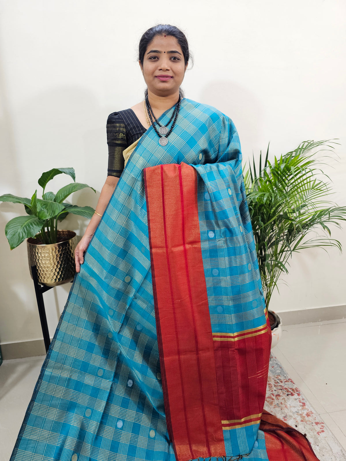 Semi Raw Silk Saree - Peacock Blue with Red