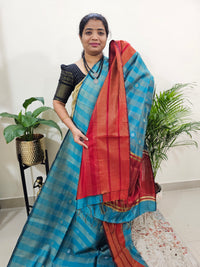 Semi Raw Silk Saree - Peacock Blue with Red