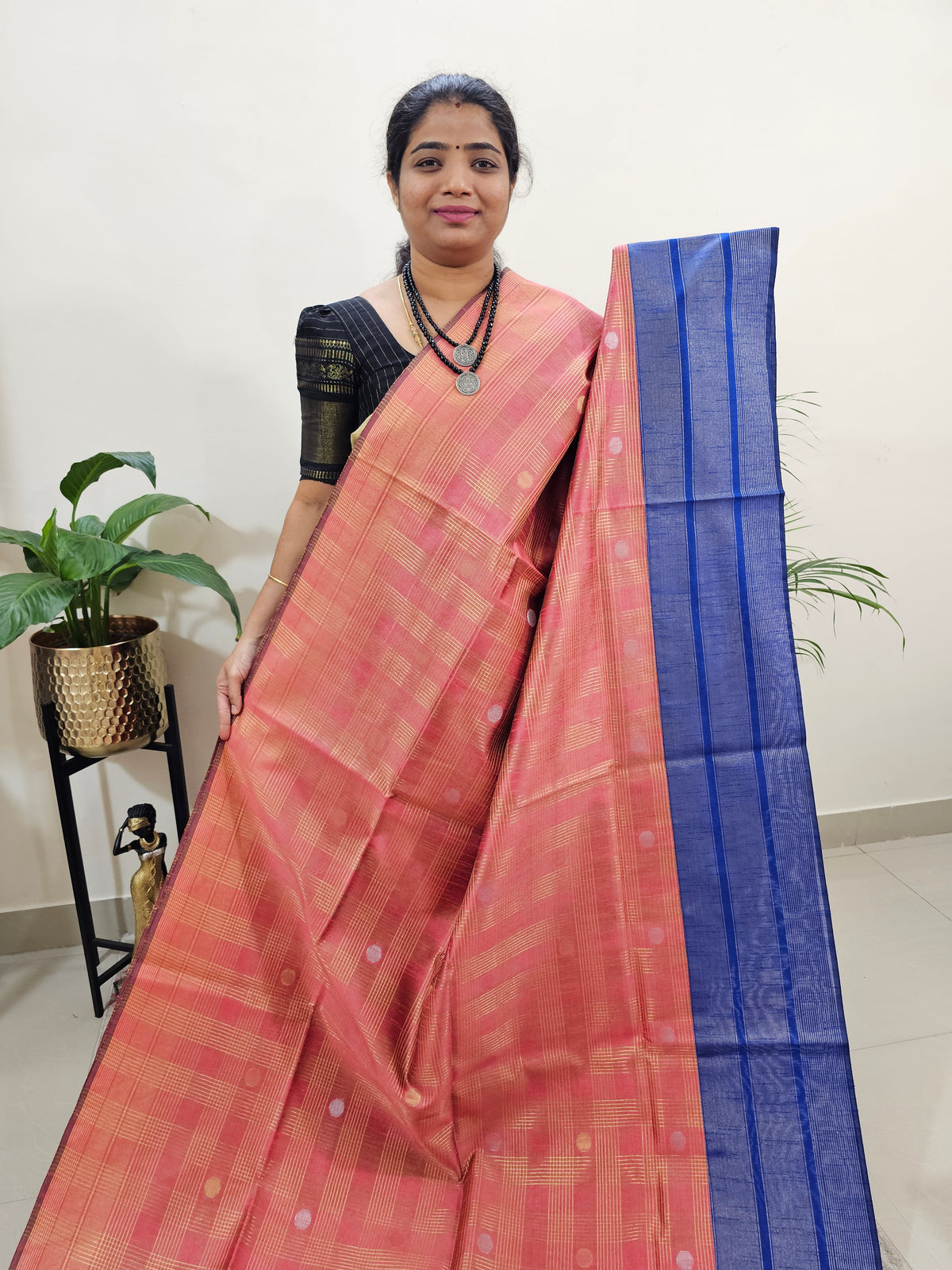 Semi Raw Silk Saree - Peach with Blue