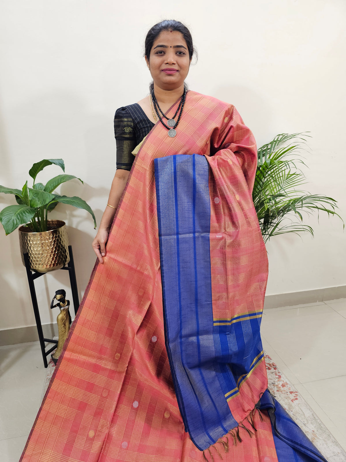 Semi Raw Silk Saree - Peach with Blue