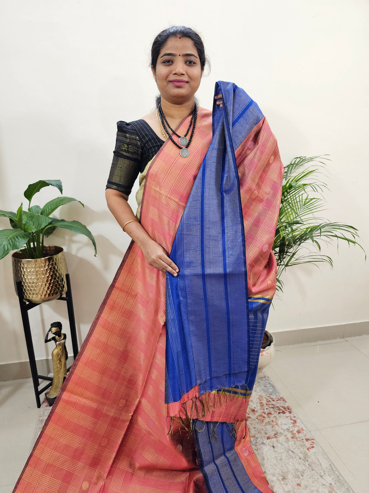 Semi Raw Silk Saree - Peach with Blue