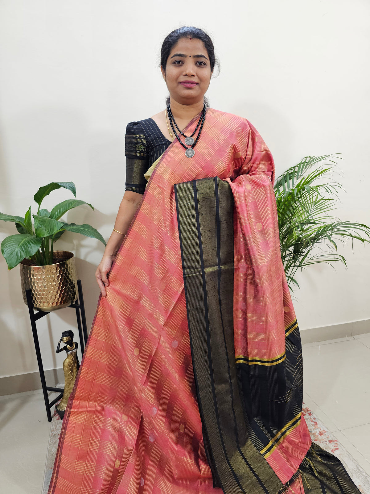 Semi Raw Silk Saree - Peach with Black