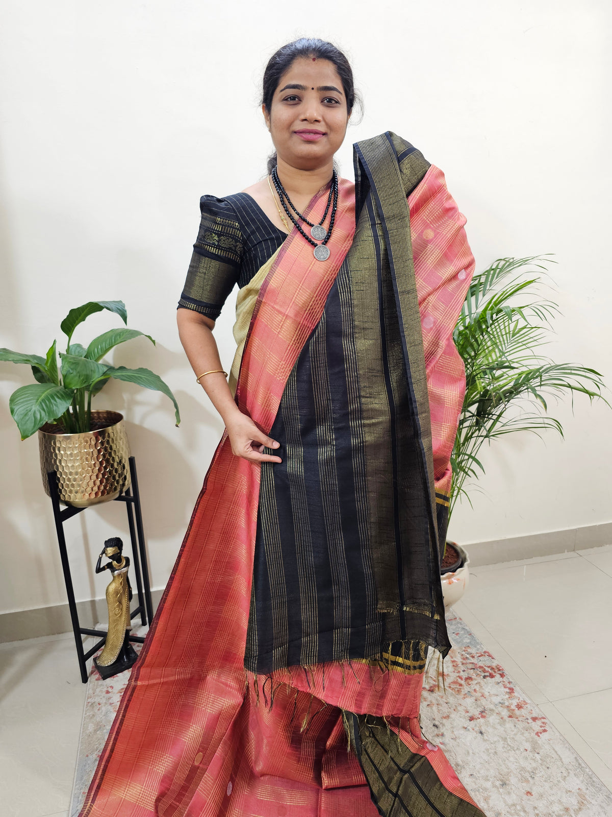 Semi Raw Silk Saree - Peach with Black