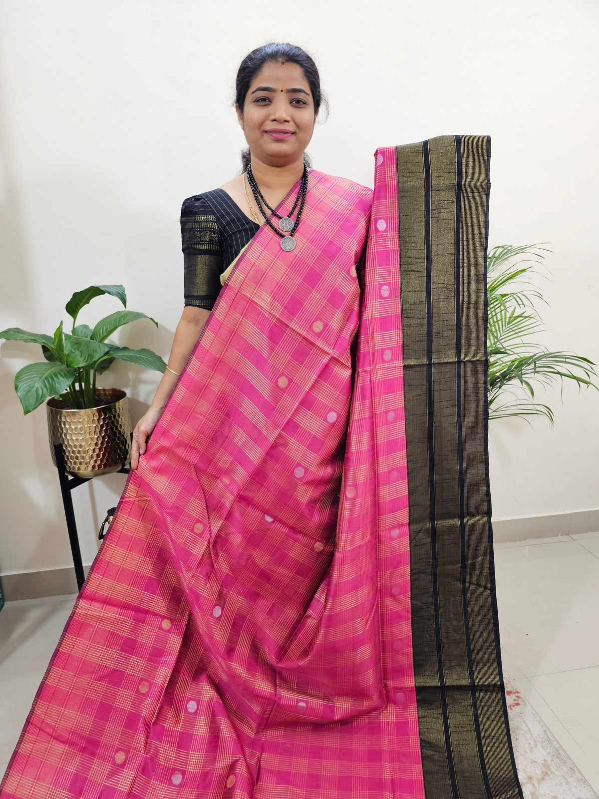 Semi Raw Silk Saree - Pink with Black