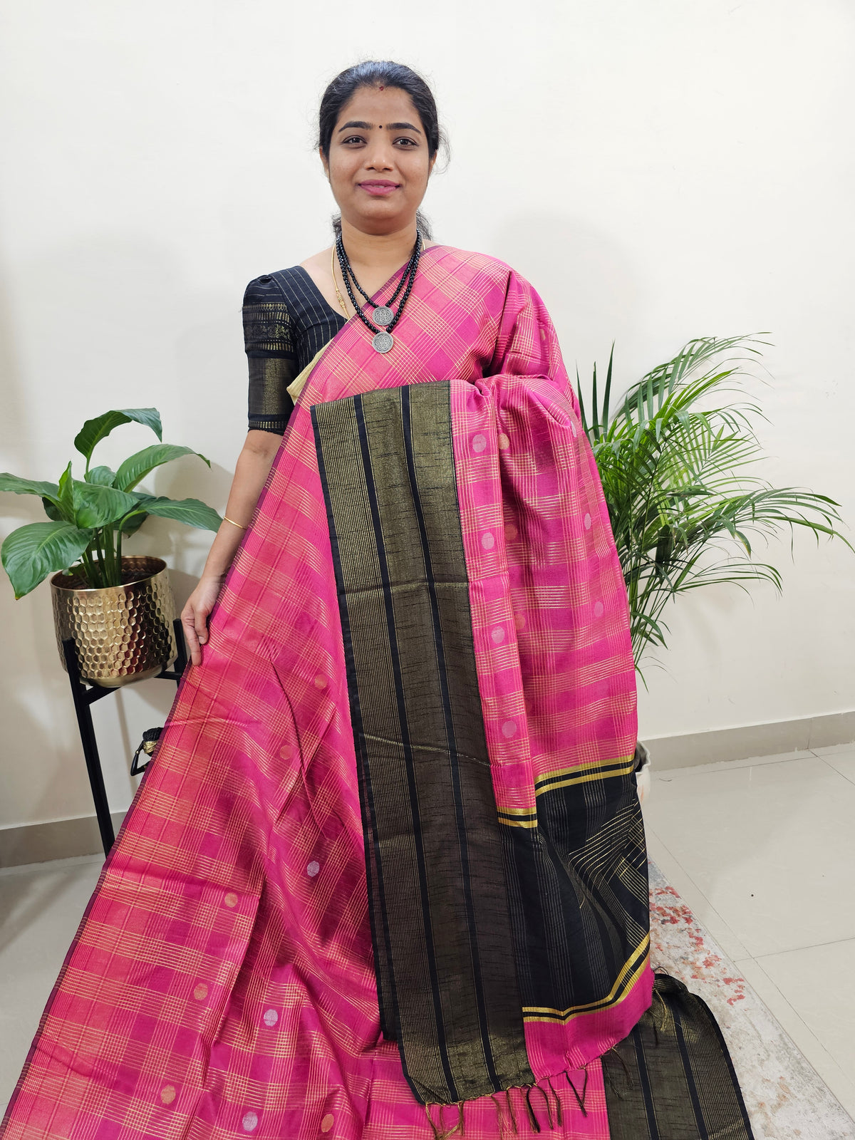 Semi Raw Silk Saree - Pink with Black
