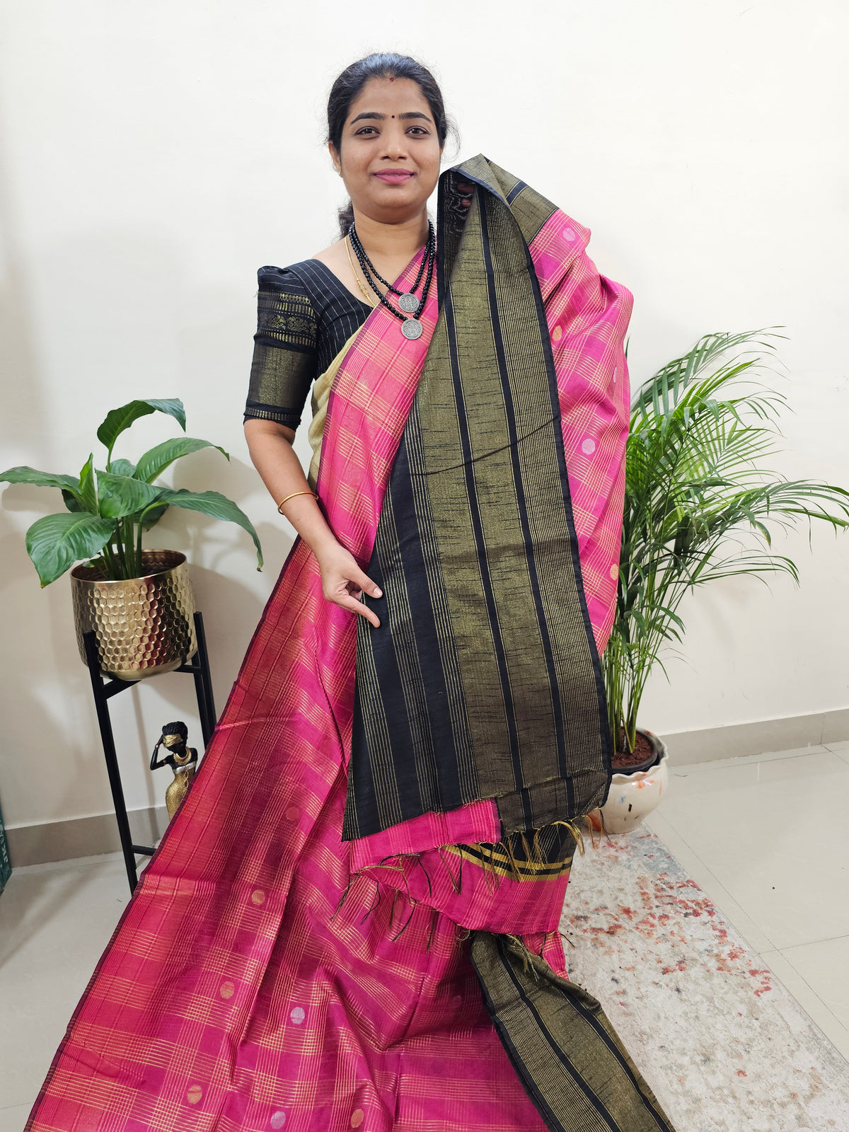 Semi Raw Silk Saree - Pink with Black