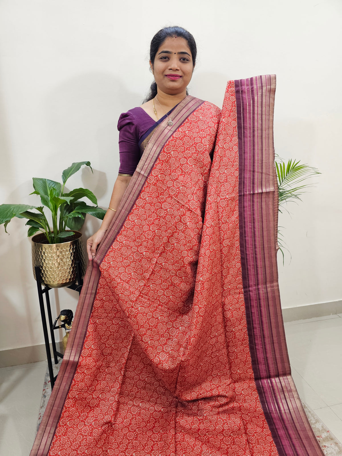 Semi Tussar with Digital Printed Saree - Orange with Magenta Pink