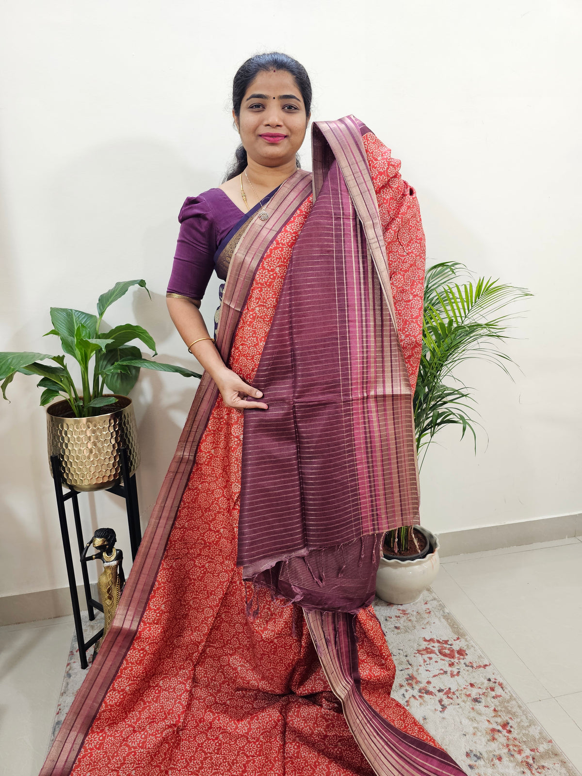 Semi Tussar with Digital Printed Saree - Orange with Magenta Pink