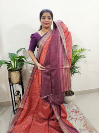 Semi Tussar with Digital Printed Saree - Orange with Magenta Pink