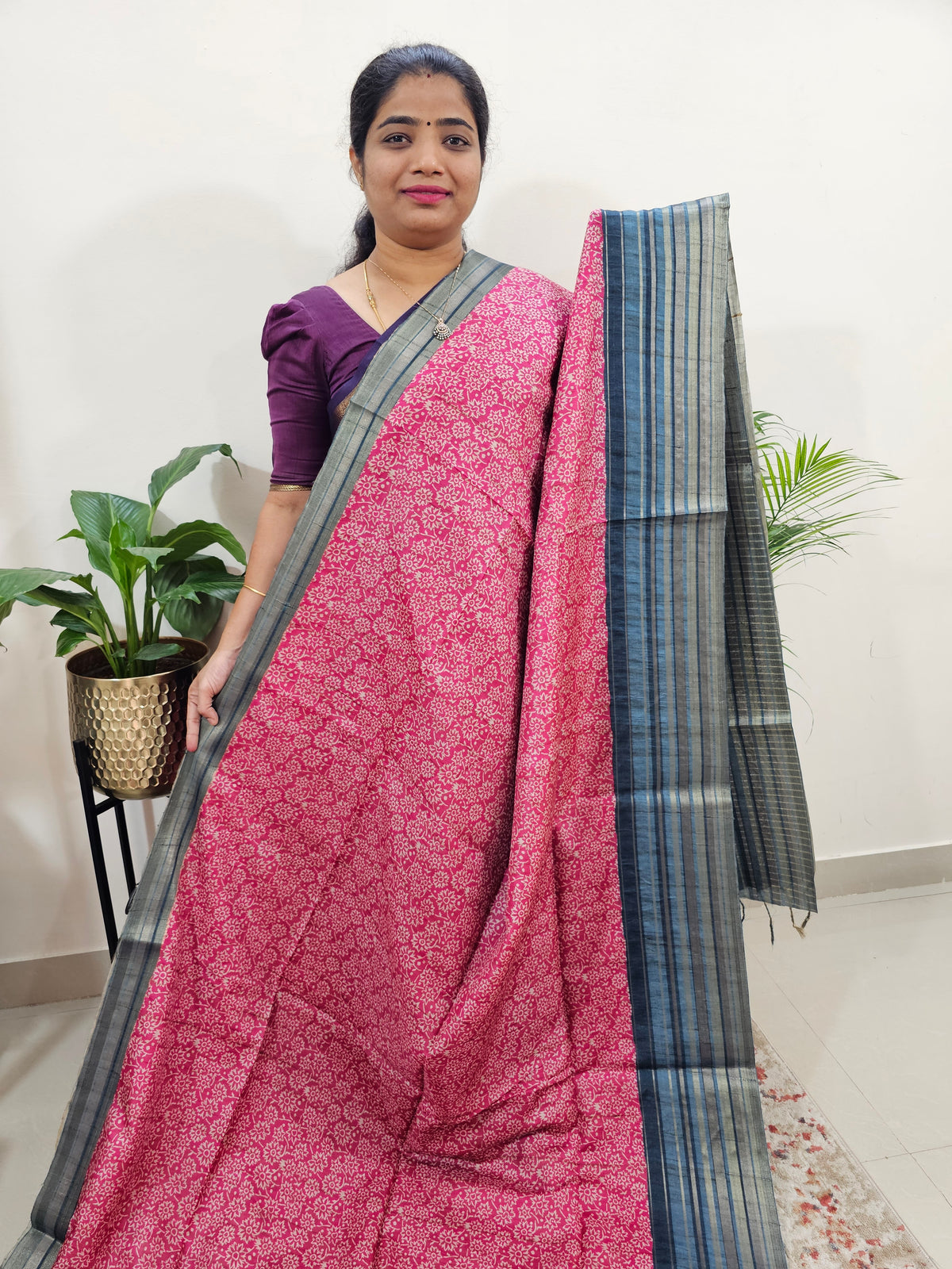 Semi Tussar with Digital Printed Saree - Pink with Grey
