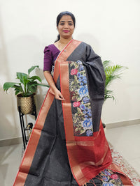 Semi Tussar with Digital Printed Saree - Grey with Red