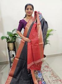 Semi Tussar with Digital Printed Saree - Grey with Red