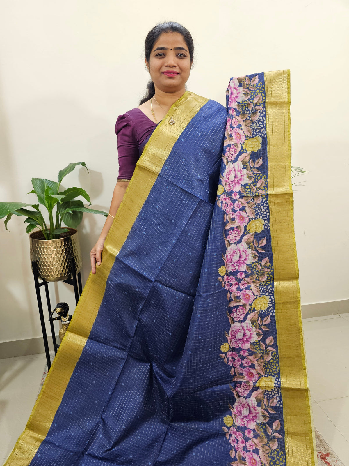 Semi Tussar with Digital Printed Saree - Blue with Green