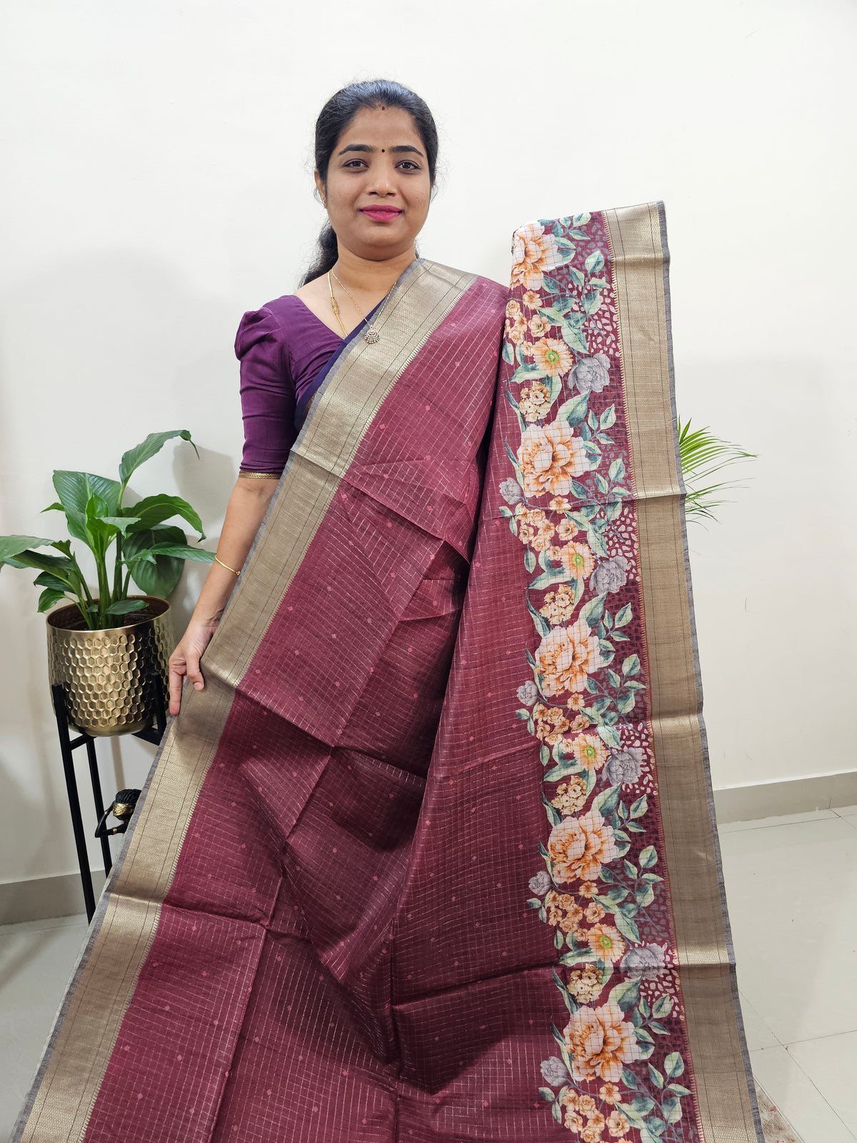 Semi Tussar with Digital Printed Saree - Maroon with Grey