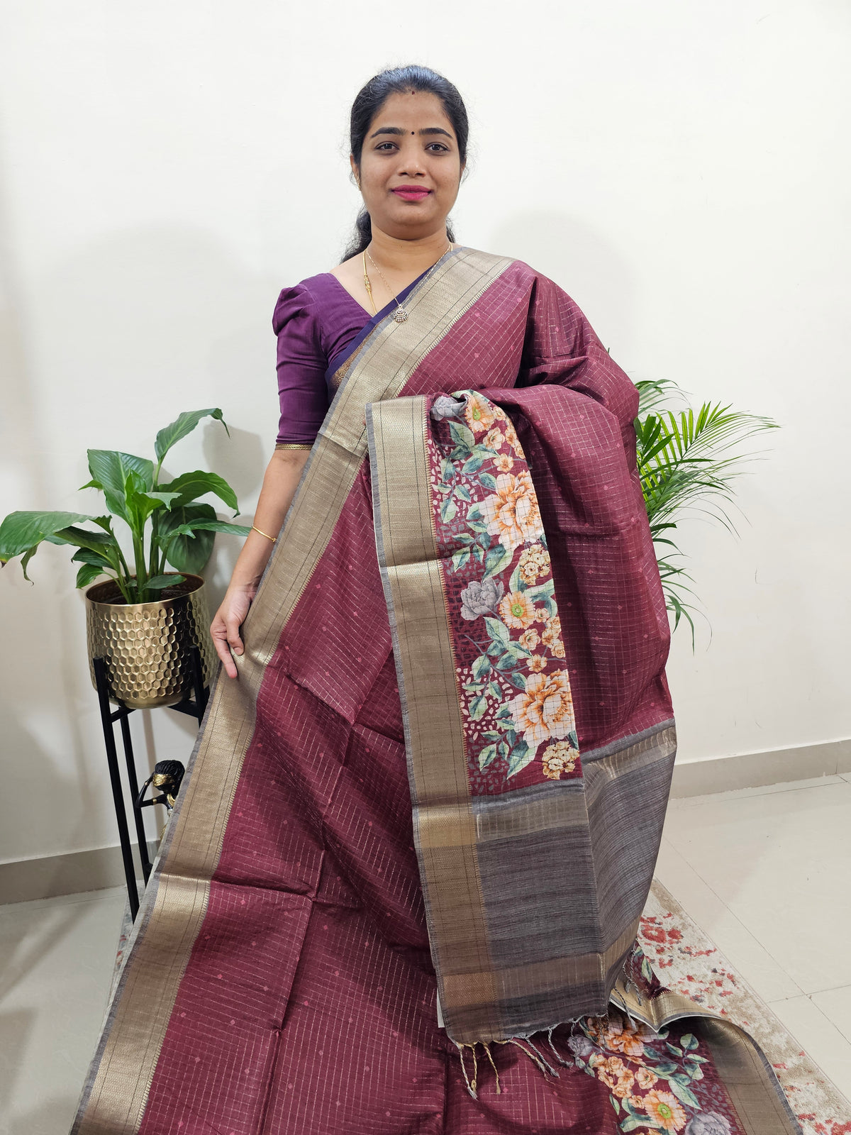 Semi Tussar with Digital Printed Saree - Maroon with Grey