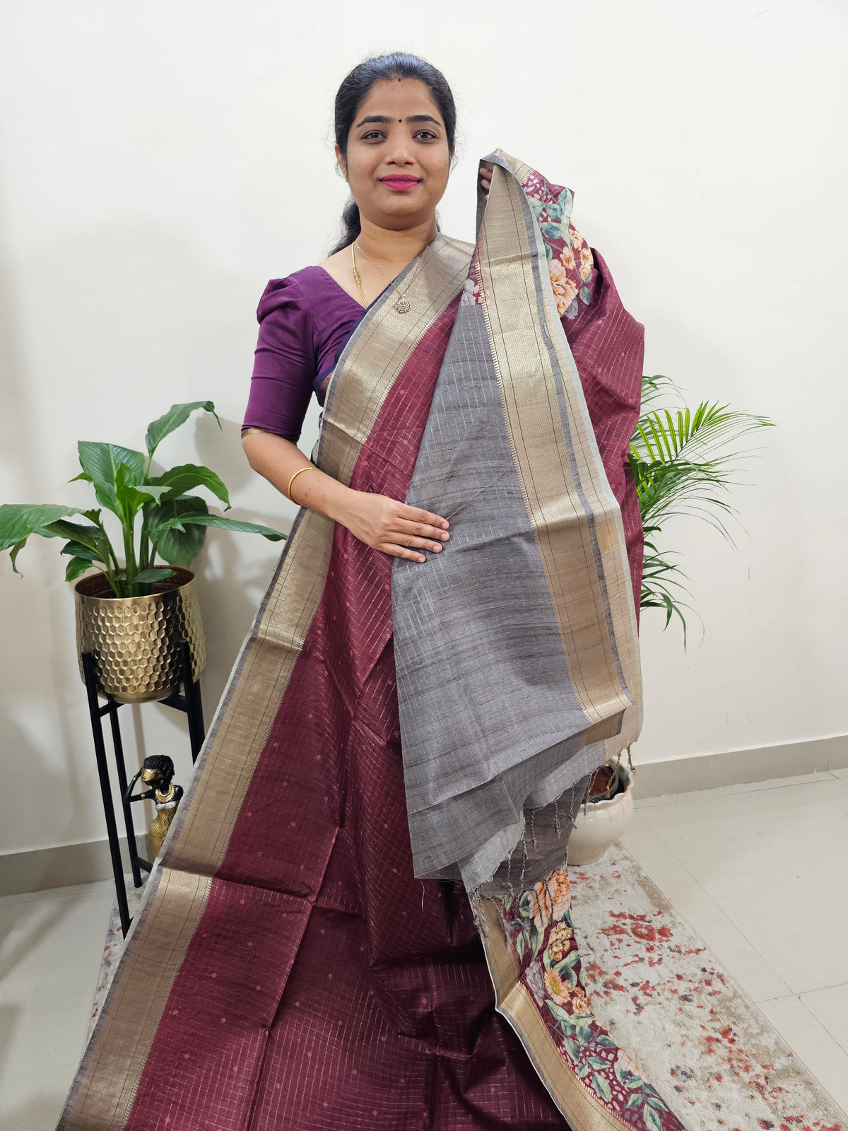 Semi Tussar with Digital Printed Saree - Maroon with Grey