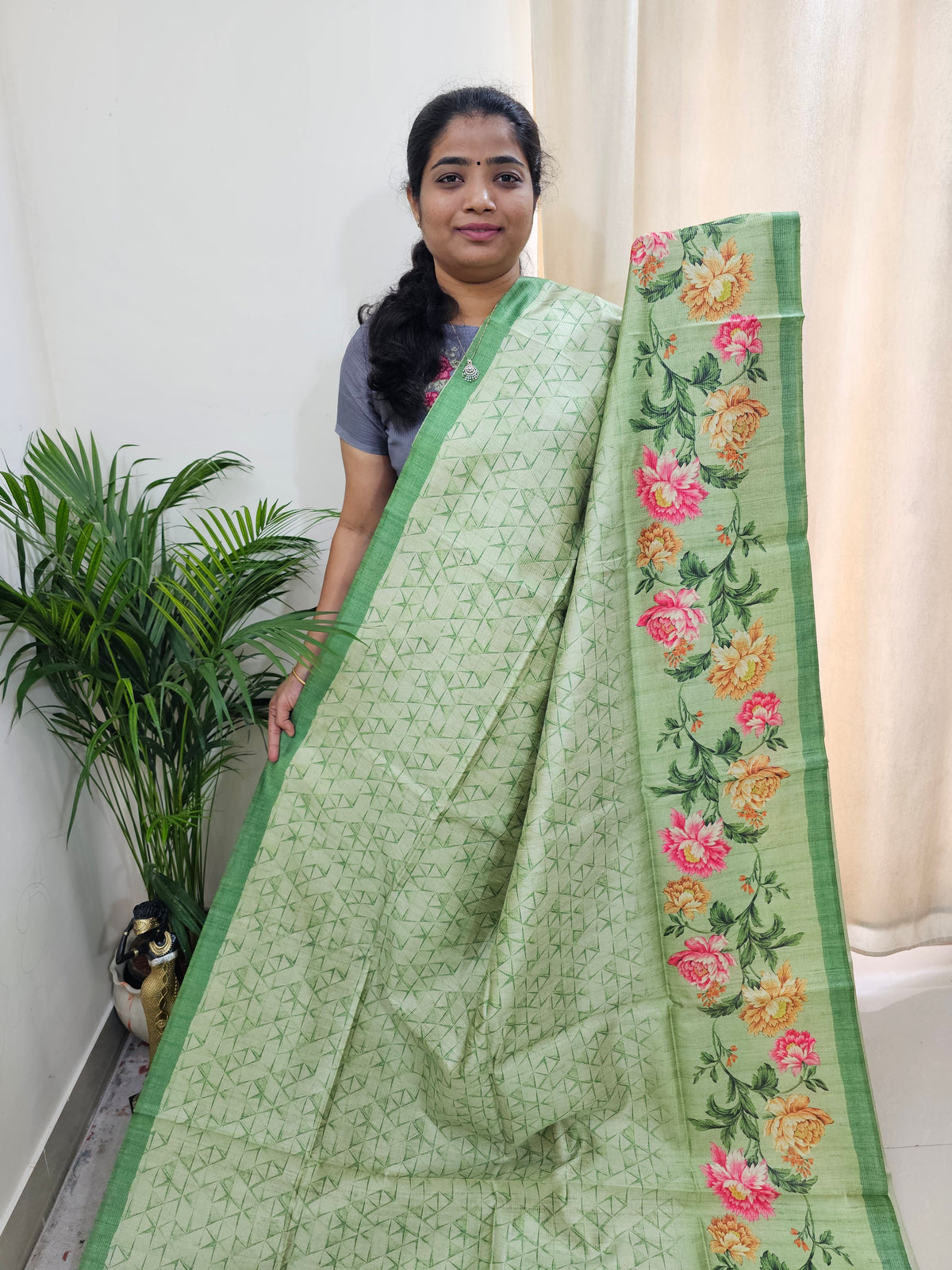Semi Tussar with Striped Zari Weaving Saree - Green